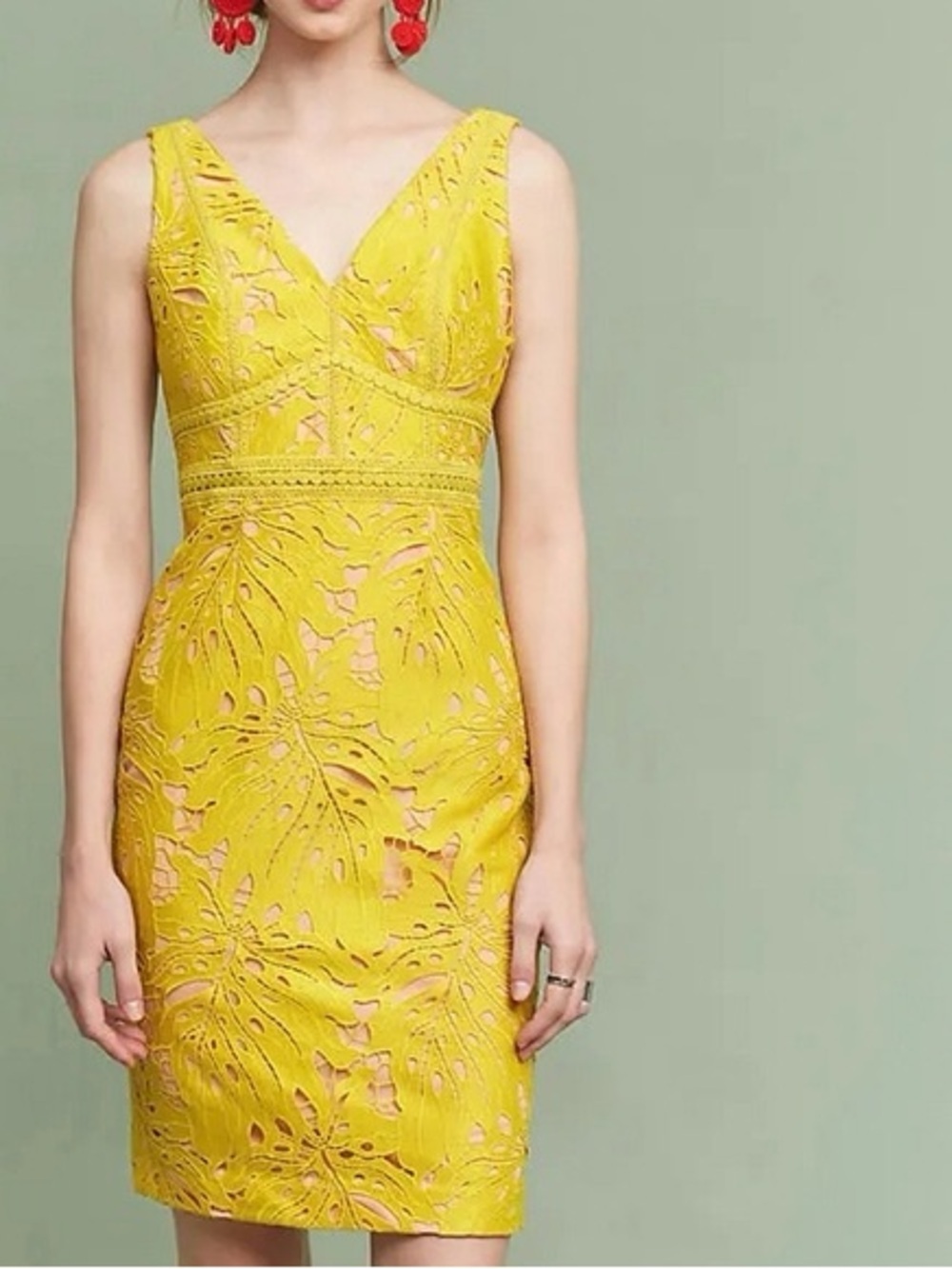 Maeve Gardenia Bright Yellow Laser-Cut V-Neck Midi Dress size 4